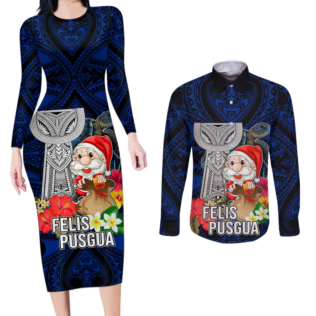 Guam Christmas Couples Matching Long Sleeve Bodycon Dress and Long Sleeve Button Shirt Santa Gift Latte Stone and Sea Turle Mix Hibiscus Chamorro Blue Style LT03 Blue - Polynesian Pride