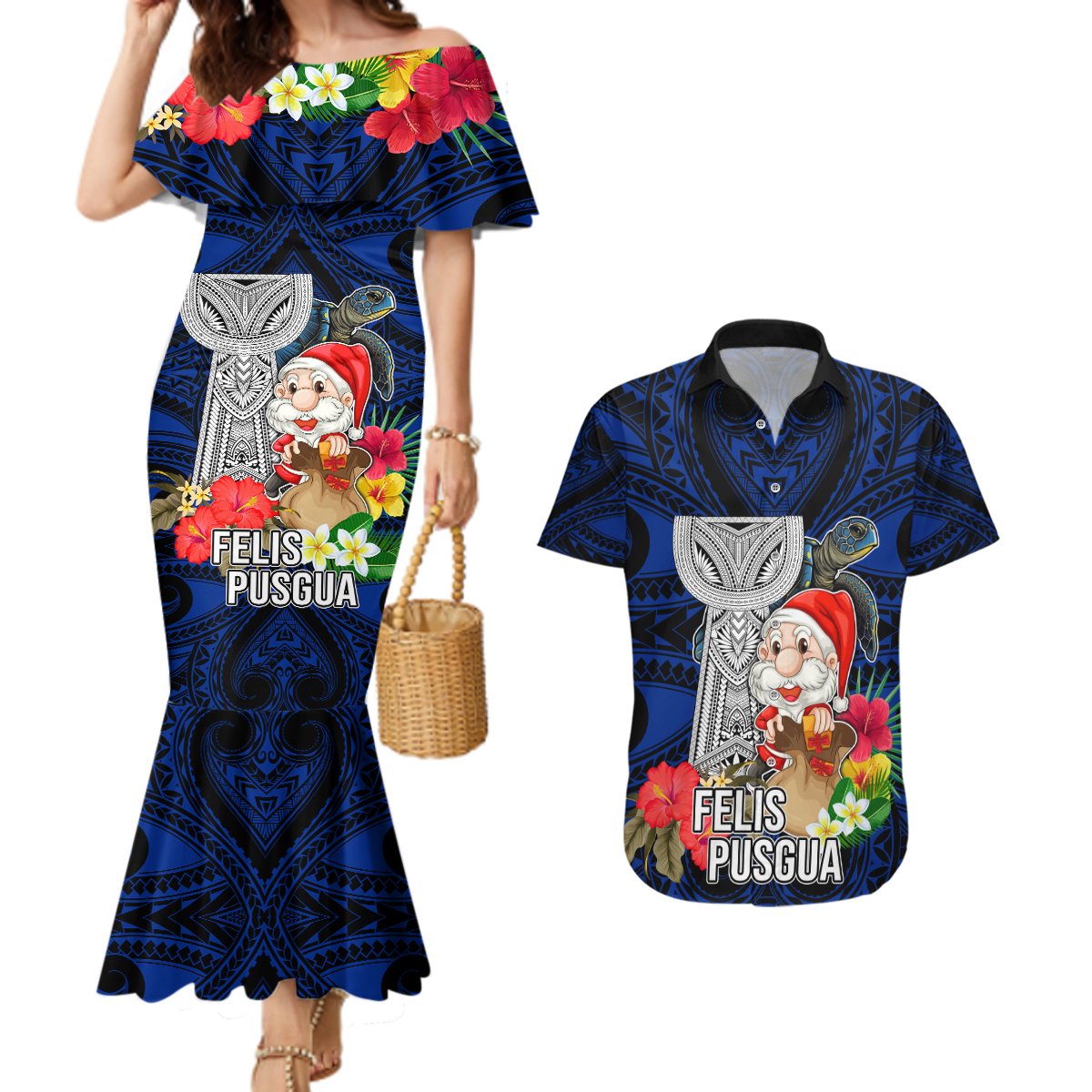 Guam Christmas Couples Matching Mermaid Dress and Hawaiian Shirt Santa Gift Latte Stone and Sea Turle Mix Hibiscus Chamorro Blue Style LT03 Blue - Polynesian Pride