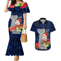 Guam Christmas Couples Matching Mermaid Dress and Hawaiian Shirt Santa Gift Latte Stone and Sea Turle Mix Hibiscus Chamorro Blue Style LT03 Blue - Polynesian Pride