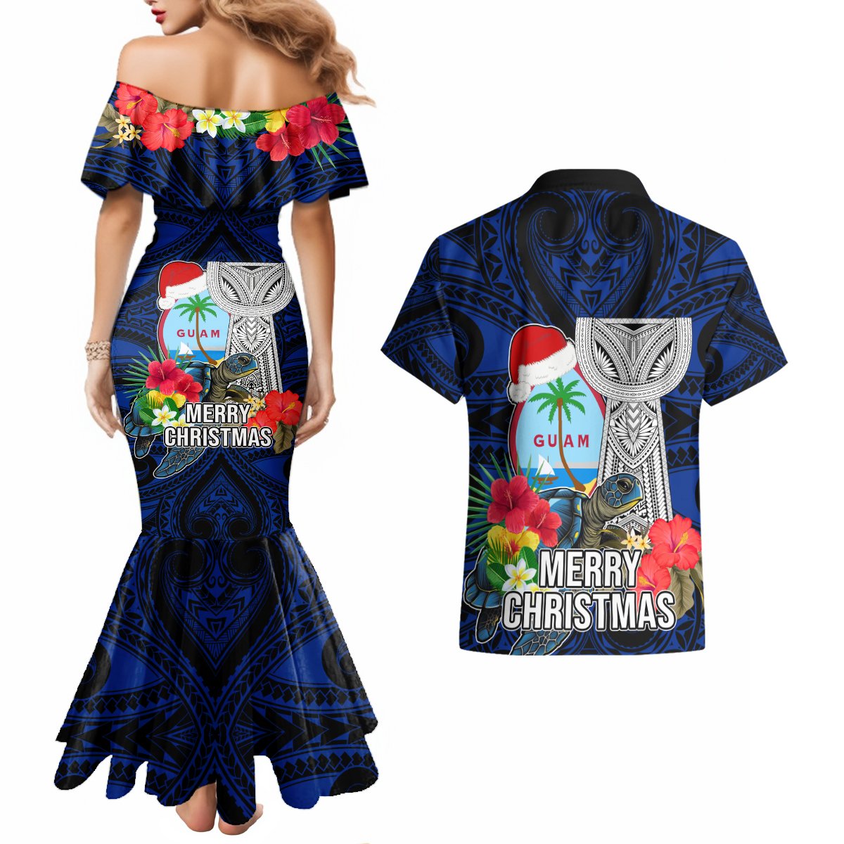 Guam Christmas Couples Matching Mermaid Dress and Hawaiian Shirt Santa Gift Latte Stone and Sea Turle Mix Hibiscus Chamorro Blue Style LT03 - Polynesian Pride
