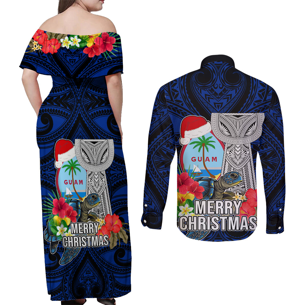 Guam Christmas Couples Matching Off Shoulder Maxi Dress and Long Sleeve Button Shirt Santa Gift Latte Stone and Sea Turle Mix Hibiscus Chamorro Blue Style LT03 - Polynesian Pride