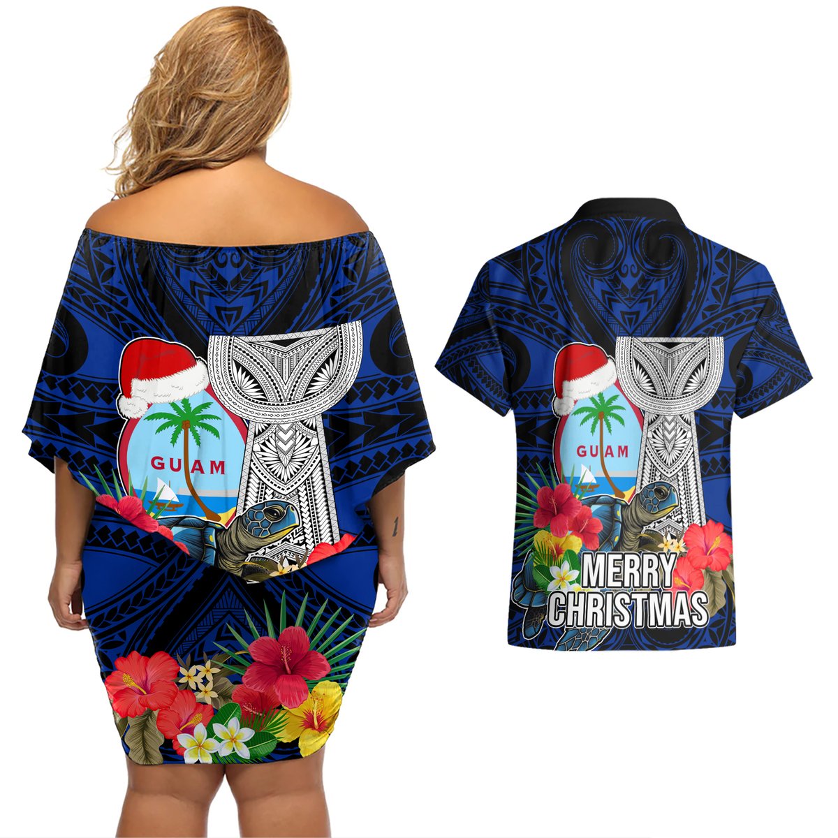 Guam Christmas Couples Matching Off Shoulder Short Dress and Hawaiian Shirt Santa Gift Latte Stone and Sea Turle Mix Hibiscus Chamorro Blue Style LT03 - Polynesian Pride