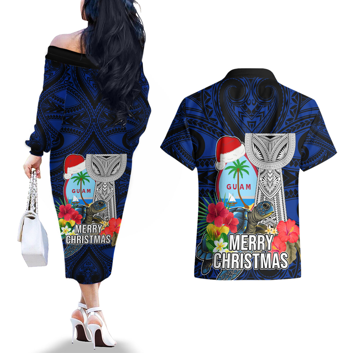 Guam Christmas Couples Matching Off The Shoulder Long Sleeve Dress and Hawaiian Shirt Santa Gift Latte Stone and Sea Turle Mix Hibiscus Chamorro Blue Style LT03 - Polynesian Pride
