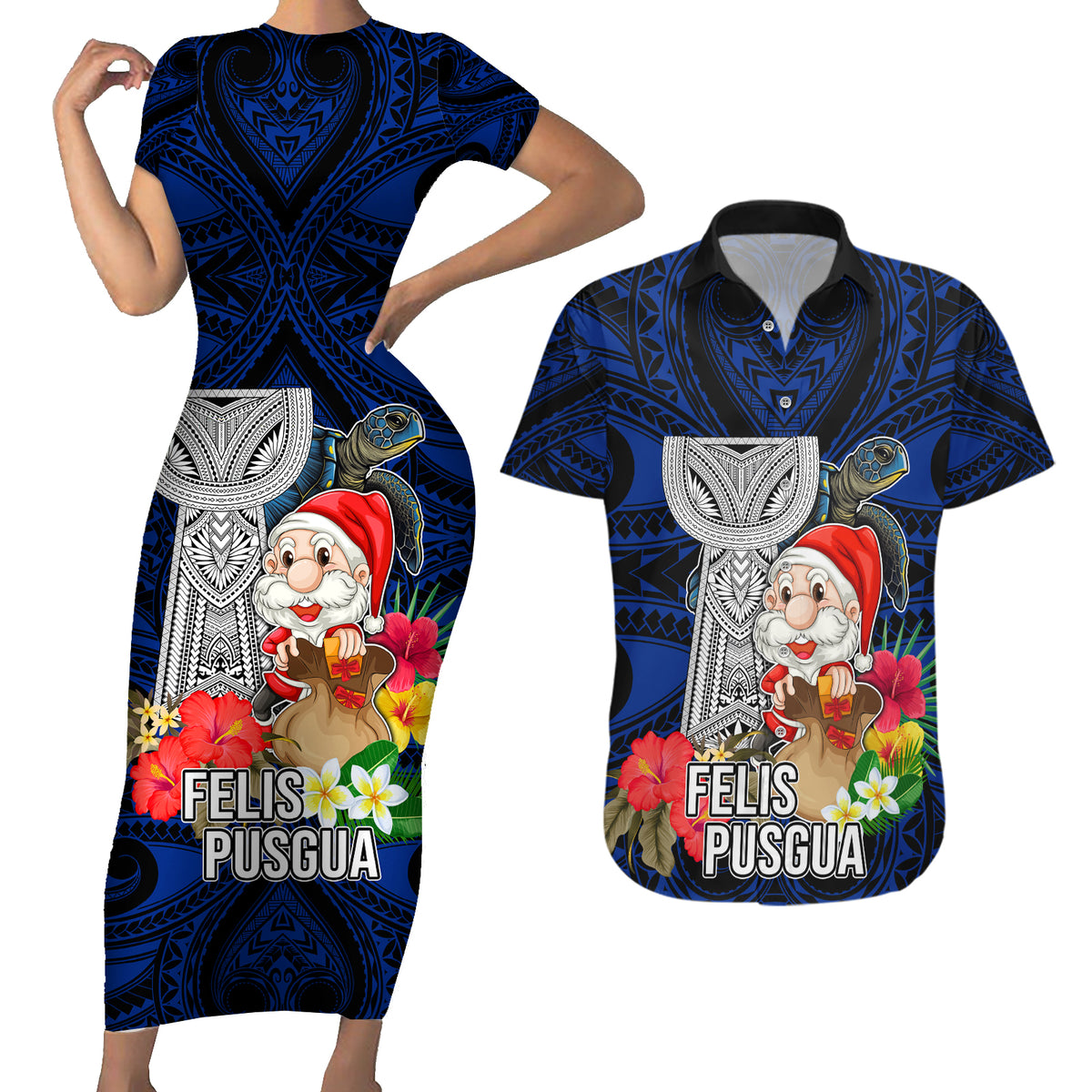 Guam Christmas Couples Matching Short Sleeve Bodycon Dress and Hawaiian Shirt Santa Gift Latte Stone and Sea Turle Mix Hibiscus Chamorro Blue Style LT03 Blue - Polynesian Pride