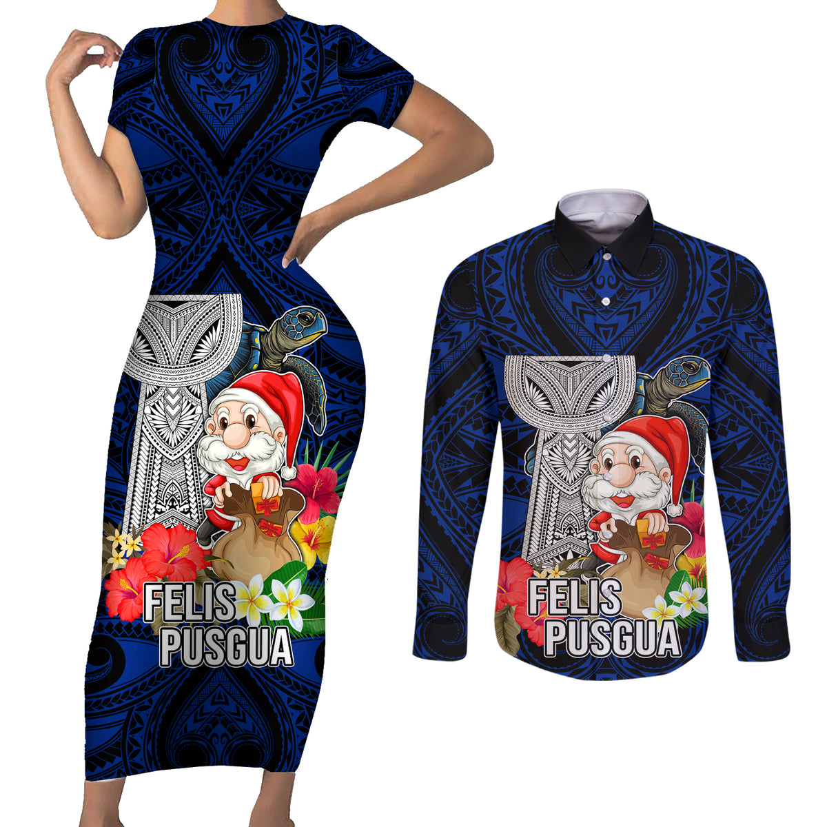 Guam Christmas Couples Matching Short Sleeve Bodycon Dress and Long Sleeve Button Shirt Santa Gift Latte Stone and Sea Turle Mix Hibiscus Chamorro Blue Style LT03 Blue - Polynesian Pride