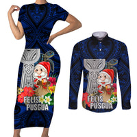 Guam Christmas Couples Matching Short Sleeve Bodycon Dress and Long Sleeve Button Shirt Santa Gift Latte Stone and Sea Turle Mix Hibiscus Chamorro Blue Style LT03 Blue - Polynesian Pride