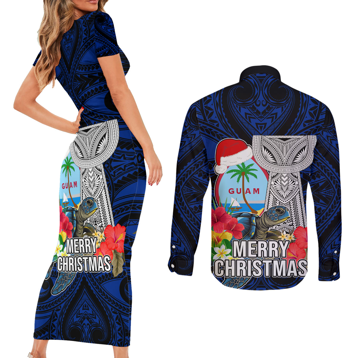 Guam Christmas Couples Matching Short Sleeve Bodycon Dress and Long Sleeve Button Shirt Santa Gift Latte Stone and Sea Turle Mix Hibiscus Chamorro Blue Style LT03 - Polynesian Pride