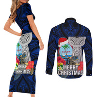 Guam Christmas Couples Matching Short Sleeve Bodycon Dress and Long Sleeve Button Shirt Santa Gift Latte Stone and Sea Turle Mix Hibiscus Chamorro Blue Style LT03 - Polynesian Pride