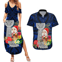 Guam Christmas Couples Matching Summer Maxi Dress and Hawaiian Shirt Santa Gift Latte Stone and Sea Turle Mix Hibiscus Chamorro Blue Style LT03 Blue - Polynesian Pride