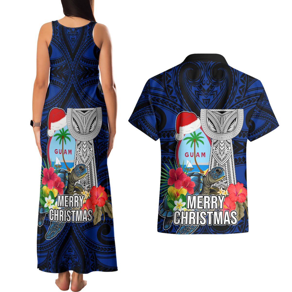 Guam Christmas Couples Matching Tank Maxi Dress and Hawaiian Shirt Santa Gift Latte Stone and Sea Turle Mix Hibiscus Chamorro Blue Style LT03 - Polynesian Pride