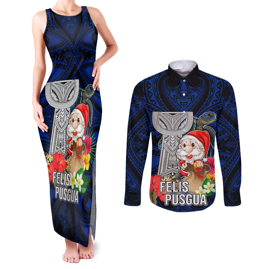 Guam Christmas Couples Matching Tank Maxi Dress and Long Sleeve Button Shirt Santa Gift Latte Stone and Sea Turle Mix Hibiscus Chamorro Blue Style LT03 Blue - Polynesian Pride