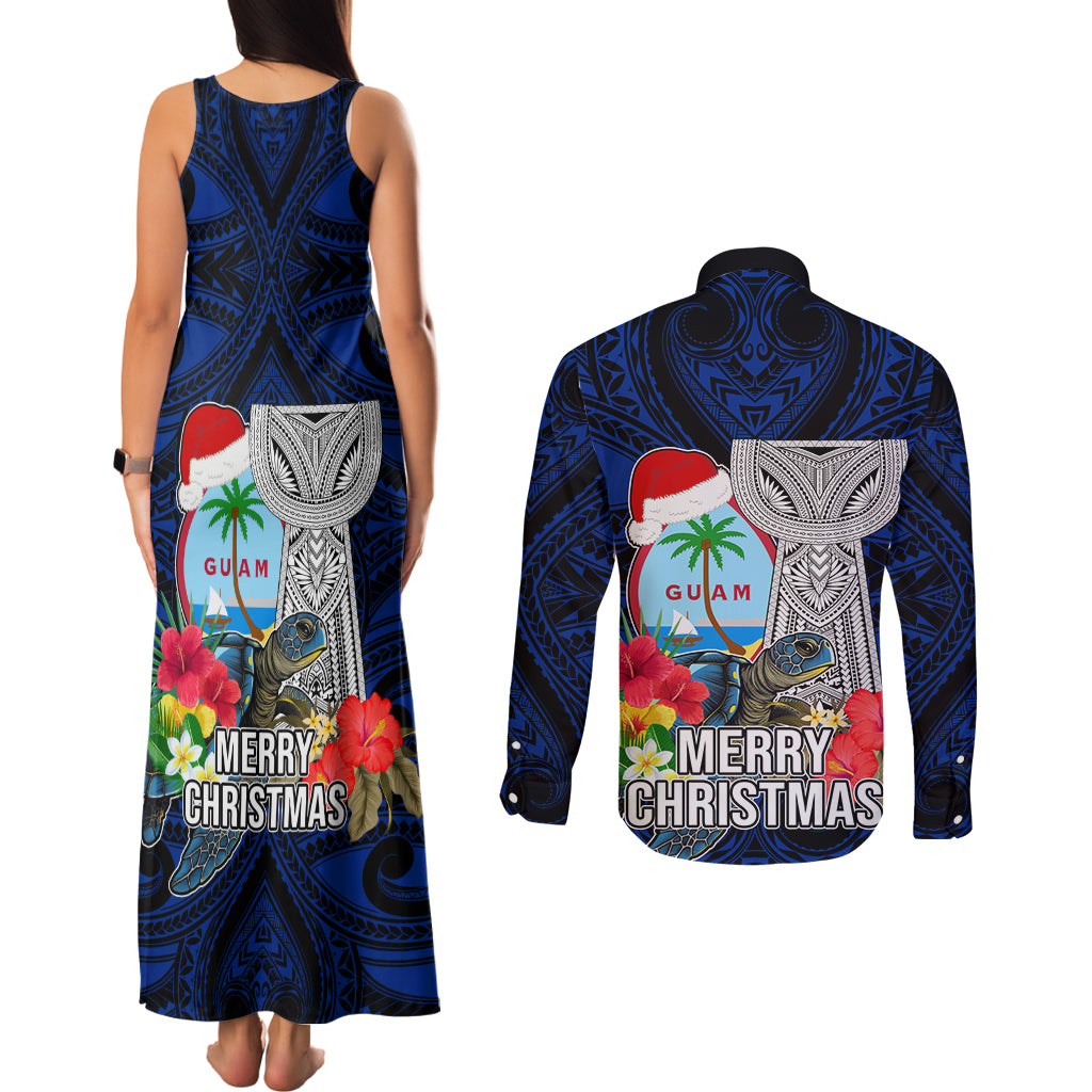 Guam Christmas Couples Matching Tank Maxi Dress and Long Sleeve Button Shirt Santa Gift Latte Stone and Sea Turle Mix Hibiscus Chamorro Blue Style LT03 - Polynesian Pride