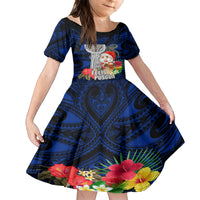 Guam Christmas Family Matching Long Sleeve Bodycon Dress and Hawaiian Shirt Santa Gift Latte Stone and Sea Turle Mix Hibiscus Chamorro Blue Style LT03 Daughter's Dress Blue - Polynesian Pride