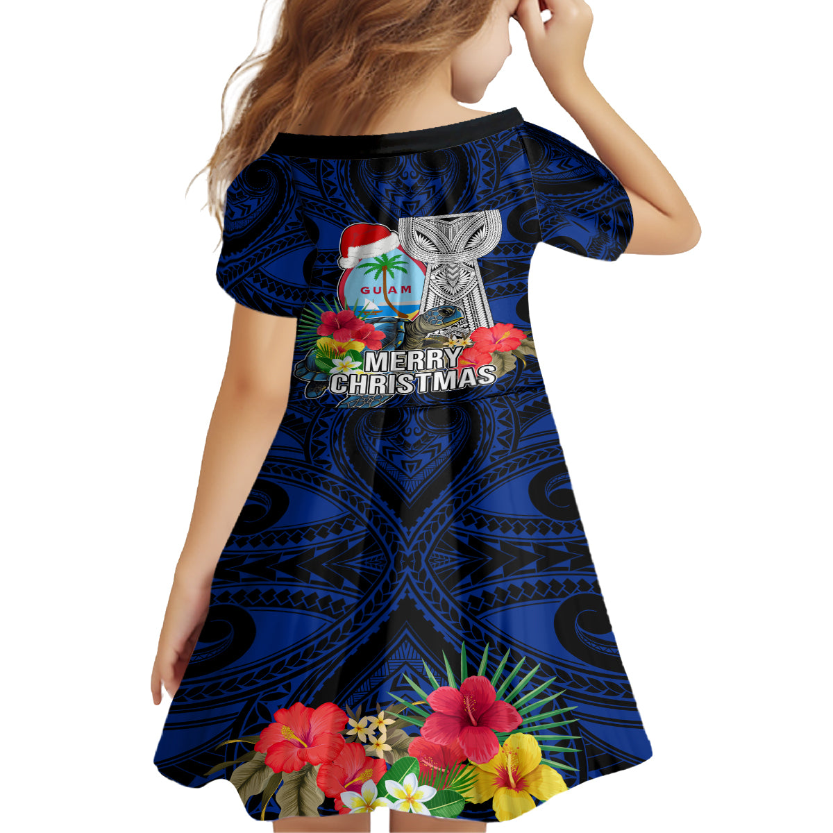 Guam Christmas Family Matching Long Sleeve Bodycon Dress and Hawaiian Shirt Santa Gift Latte Stone and Sea Turle Mix Hibiscus Chamorro Blue Style LT03 - Polynesian Pride