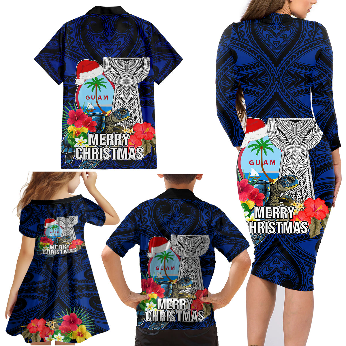 Guam Christmas Family Matching Long Sleeve Bodycon Dress and Hawaiian Shirt Santa Gift Latte Stone and Sea Turle Mix Hibiscus Chamorro Blue Style LT03 - Polynesian Pride