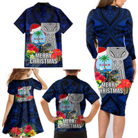 Guam Christmas Family Matching Long Sleeve Bodycon Dress and Hawaiian Shirt Santa Gift Latte Stone and Sea Turle Mix Hibiscus Chamorro Blue Style LT03 - Polynesian Pride