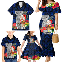 Guam Christmas Family Matching Mermaid Dress and Hawaiian Shirt Santa Gift Latte Stone and Sea Turle Mix Hibiscus Chamorro Blue Style LT03 - Polynesian Pride