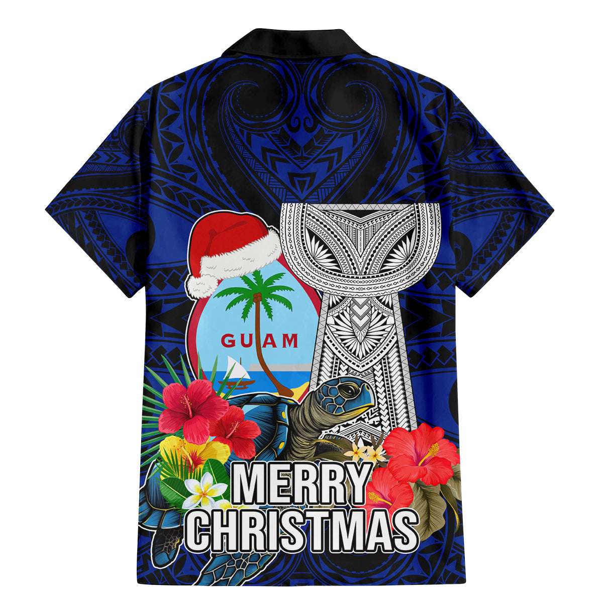 Guam Christmas Family Matching Mermaid Dress and Hawaiian Shirt Santa Gift Latte Stone and Sea Turle Mix Hibiscus Chamorro Blue Style LT03 - Polynesian Pride