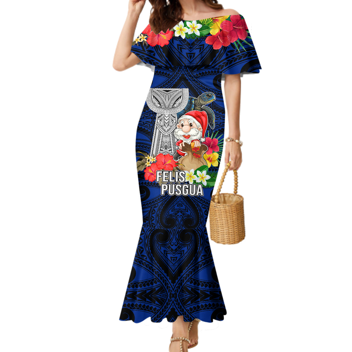 Guam Christmas Family Matching Mermaid Dress and Hawaiian Shirt Santa Gift Latte Stone and Sea Turle Mix Hibiscus Chamorro Blue Style LT03 Mom's Dress Blue - Polynesian Pride