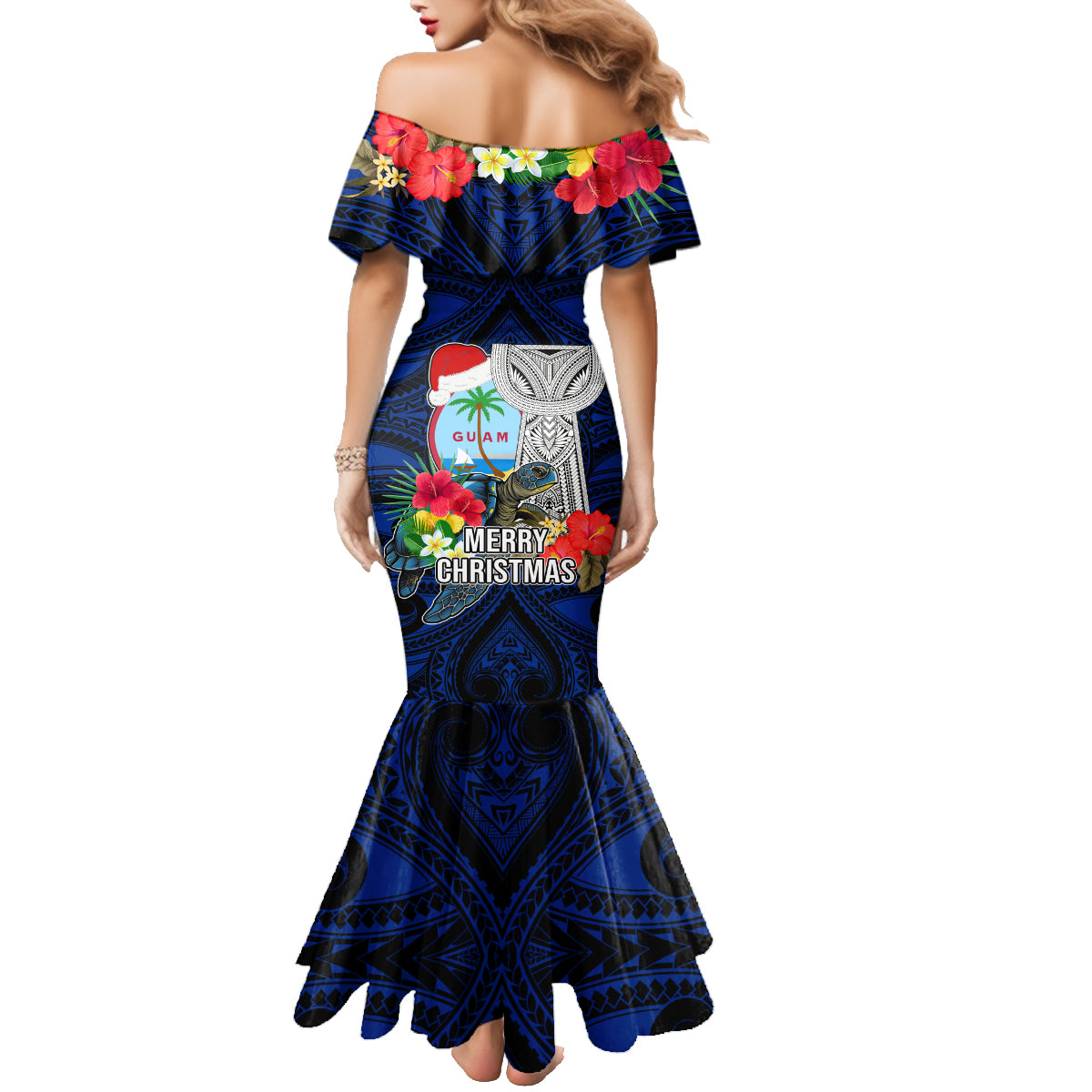 Guam Christmas Family Matching Mermaid Dress and Hawaiian Shirt Santa Gift Latte Stone and Sea Turle Mix Hibiscus Chamorro Blue Style LT03 - Polynesian Pride
