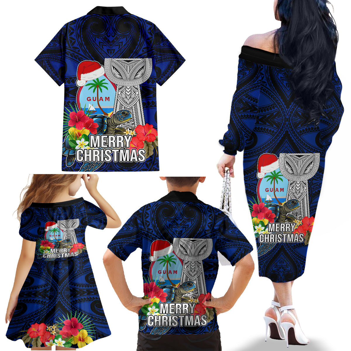 Guam Christmas Family Matching Off Shoulder Long Sleeve Dress and Hawaiian Shirt Santa Gift Latte Stone and Sea Turle Mix Hibiscus Chamorro Blue Style LT03 - Polynesian Pride
