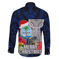 Guam Christmas Family Matching Off Shoulder Long Sleeve Dress and Hawaiian Shirt Santa Gift Latte Stone and Sea Turle Mix Hibiscus Chamorro Blue Style LT03 - Polynesian Pride