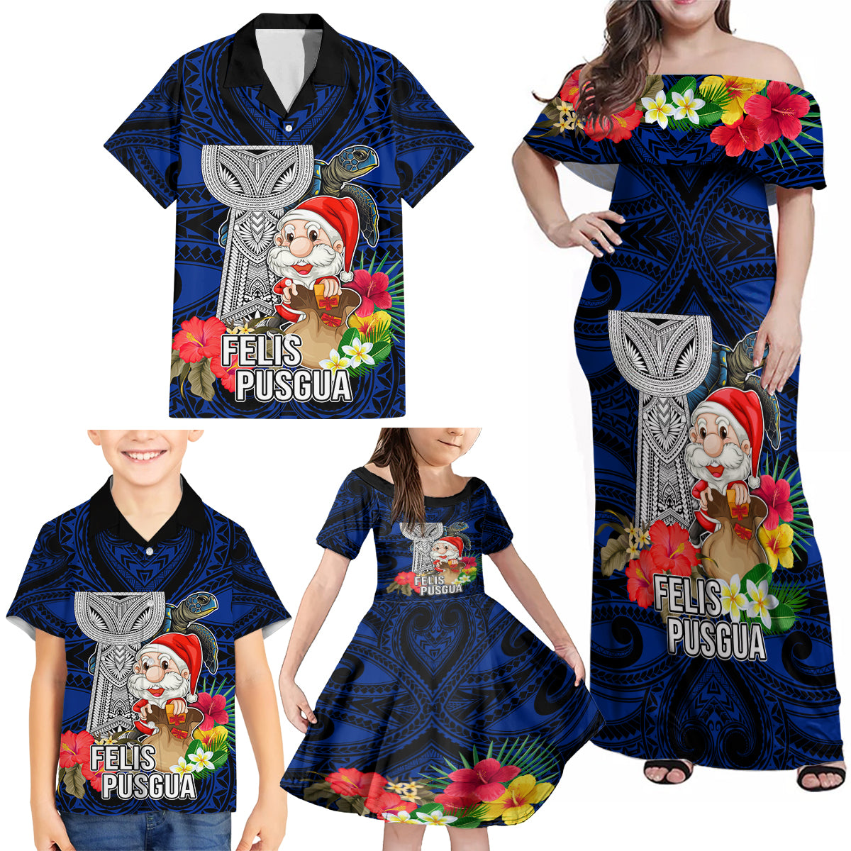 Guam Christmas Family Matching Off Shoulder Maxi Dress and Hawaiian Shirt Santa Gift Latte Stone and Sea Turle Mix Hibiscus Chamorro Blue Style LT03 - Polynesian Pride