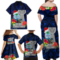 Guam Christmas Family Matching Off Shoulder Maxi Dress and Hawaiian Shirt Santa Gift Latte Stone and Sea Turle Mix Hibiscus Chamorro Blue Style LT03 - Polynesian Pride