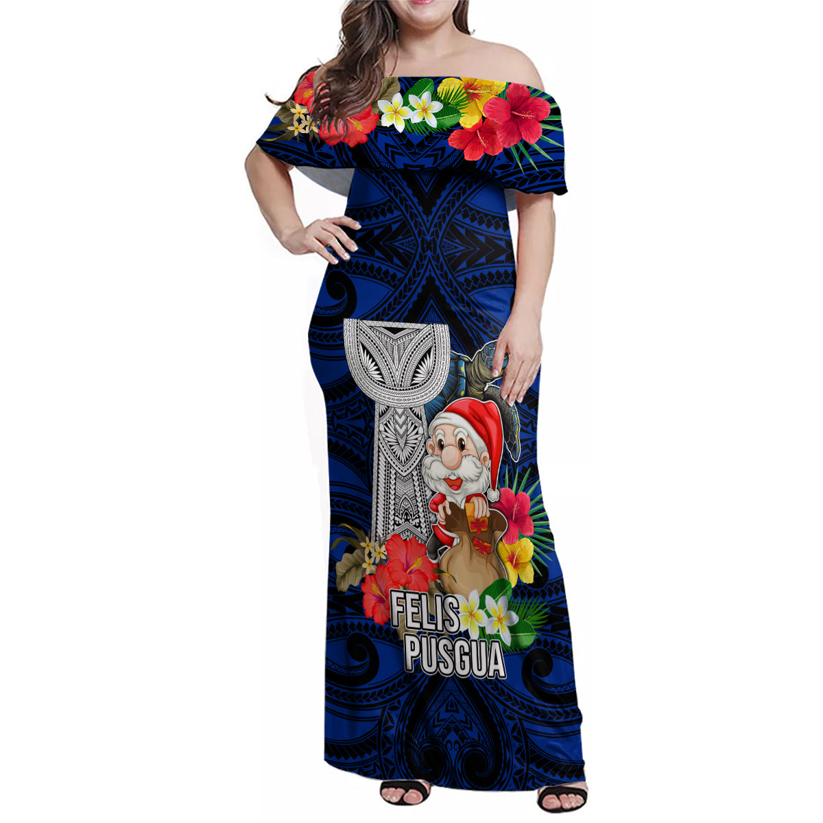 Guam Christmas Family Matching Off Shoulder Maxi Dress and Hawaiian Shirt Santa Gift Latte Stone and Sea Turle Mix Hibiscus Chamorro Blue Style LT03 Mom's Dress Blue - Polynesian Pride