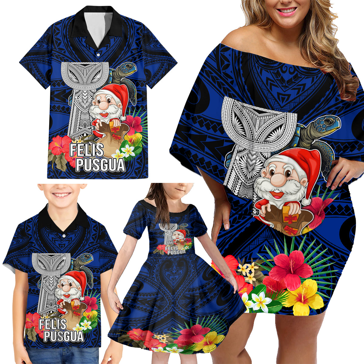 Guam Christmas Family Matching Off Shoulder Short Dress and Hawaiian Shirt Santa Gift Latte Stone and Sea Turle Mix Hibiscus Chamorro Blue Style LT03 - Polynesian Pride