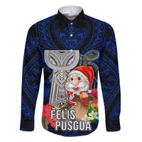 Guam Christmas Family Matching Off Shoulder Short Dress and Hawaiian Shirt Santa Gift Latte Stone and Sea Turle Mix Hibiscus Chamorro Blue Style LT03 Dad's Shirt - Long Sleeve Blue - Polynesian Pride