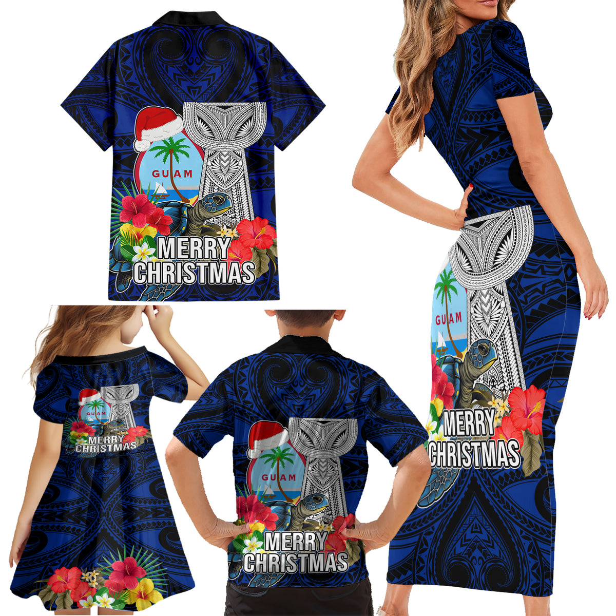 Guam Christmas Family Matching Short Sleeve Bodycon Dress and Hawaiian Shirt Santa Gift Latte Stone and Sea Turle Mix Hibiscus Chamorro Blue Style LT03 - Polynesian Pride