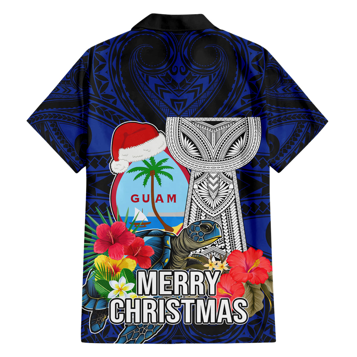 Guam Christmas Family Matching Short Sleeve Bodycon Dress and Hawaiian Shirt Santa Gift Latte Stone and Sea Turle Mix Hibiscus Chamorro Blue Style LT03 - Polynesian Pride