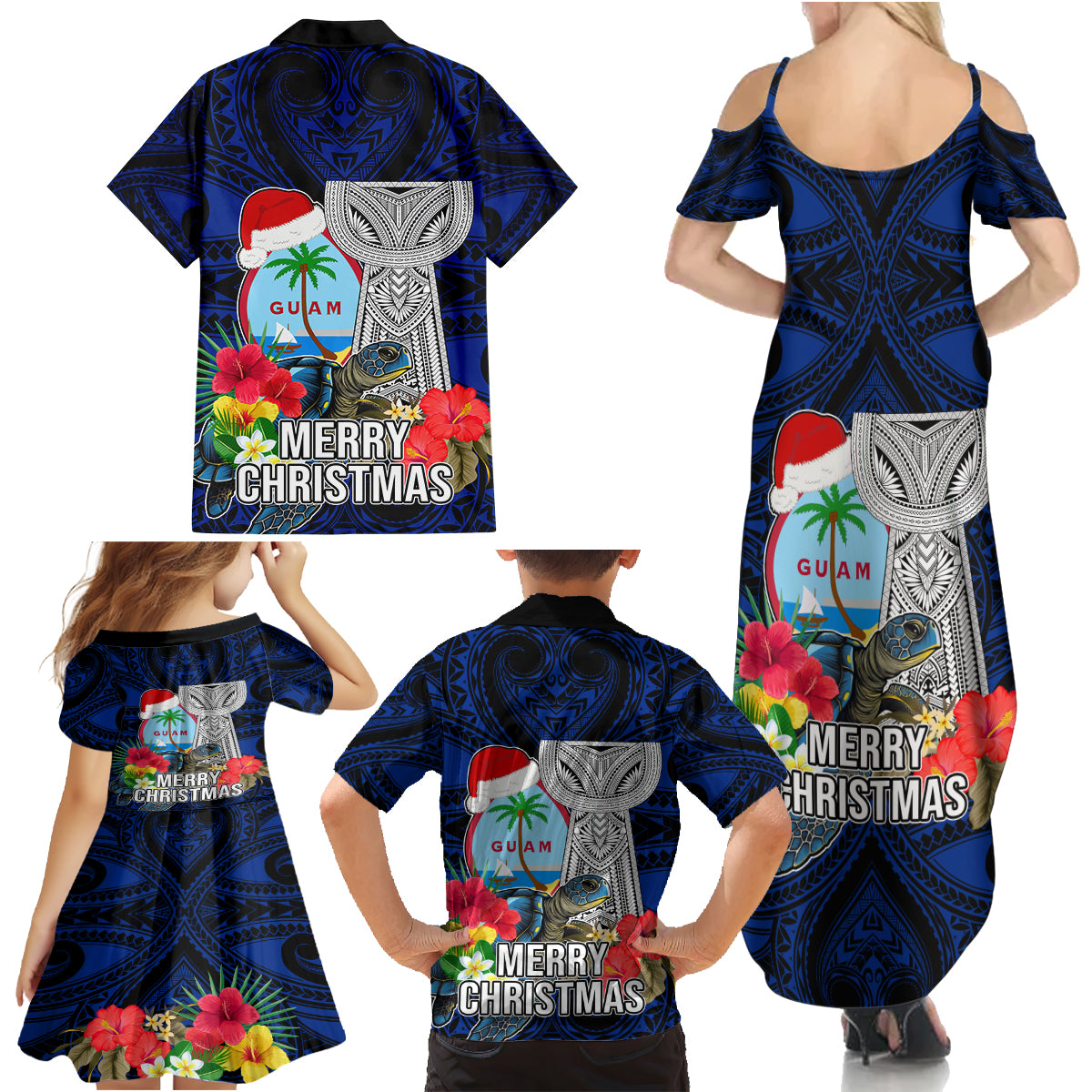 Guam Christmas Family Matching Summer Maxi Dress and Hawaiian Shirt Santa Gift Latte Stone and Sea Turle Mix Hibiscus Chamorro Blue Style LT03 - Polynesian Pride