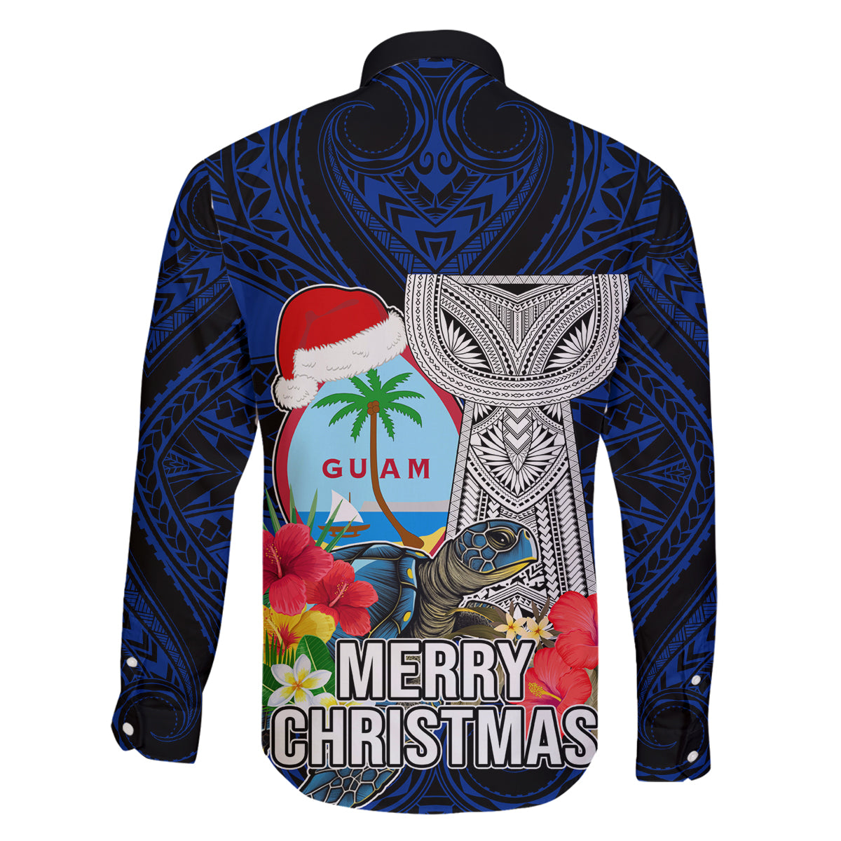 Guam Christmas Family Matching Summer Maxi Dress and Hawaiian Shirt Santa Gift Latte Stone and Sea Turle Mix Hibiscus Chamorro Blue Style LT03 - Polynesian Pride