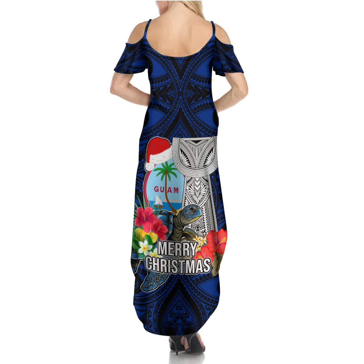 Guam Christmas Family Matching Summer Maxi Dress and Hawaiian Shirt Santa Gift Latte Stone and Sea Turle Mix Hibiscus Chamorro Blue Style LT03 - Polynesian Pride