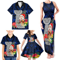 Guam Christmas Family Matching Tank Maxi Dress and Hawaiian Shirt Santa Gift Latte Stone and Sea Turle Mix Hibiscus Chamorro Blue Style LT03 - Polynesian Pride