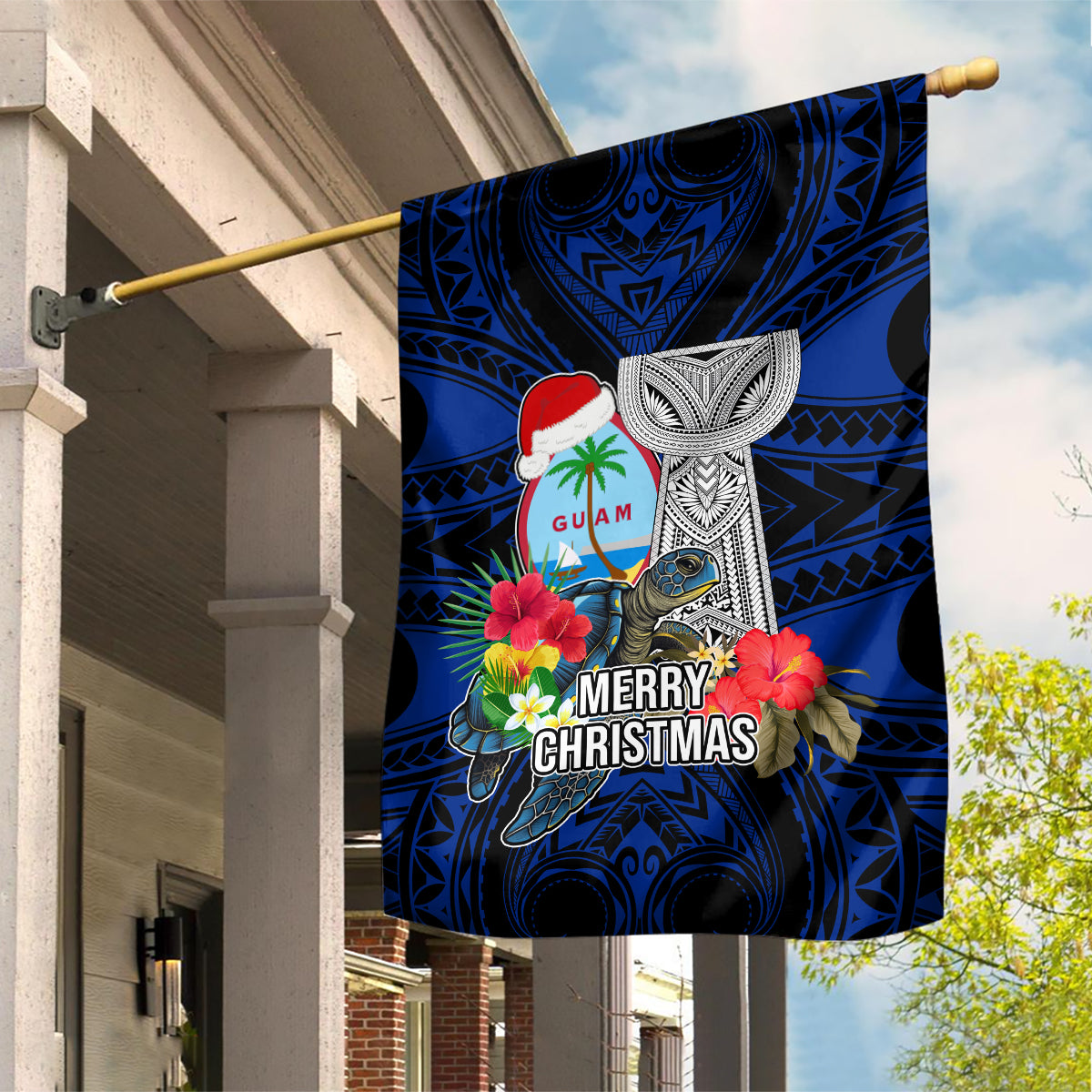 Guam Christmas Garden Flag Santa Gift Latte Stone and Sea Turle Mix Hibiscus Chamorro Blue Style LT03 House Flag red - Polynesian Pride
