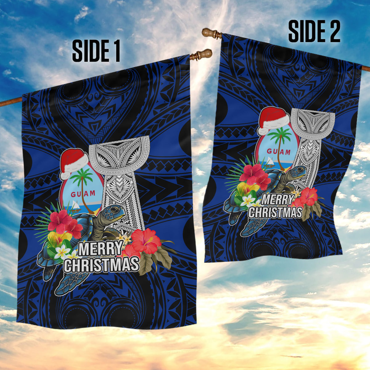 Guam Christmas Garden Flag Santa Gift Latte Stone and Sea Turle Mix Hibiscus Chamorro Blue Style LT03 - Polynesian Pride