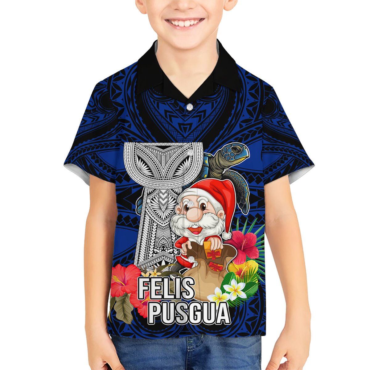 Guam Christmas Hawaiian Shirt Santa Gift Latte Stone and Sea Turle Mix Hibiscus Chamorro Blue Style LT03 - Polynesian Pride