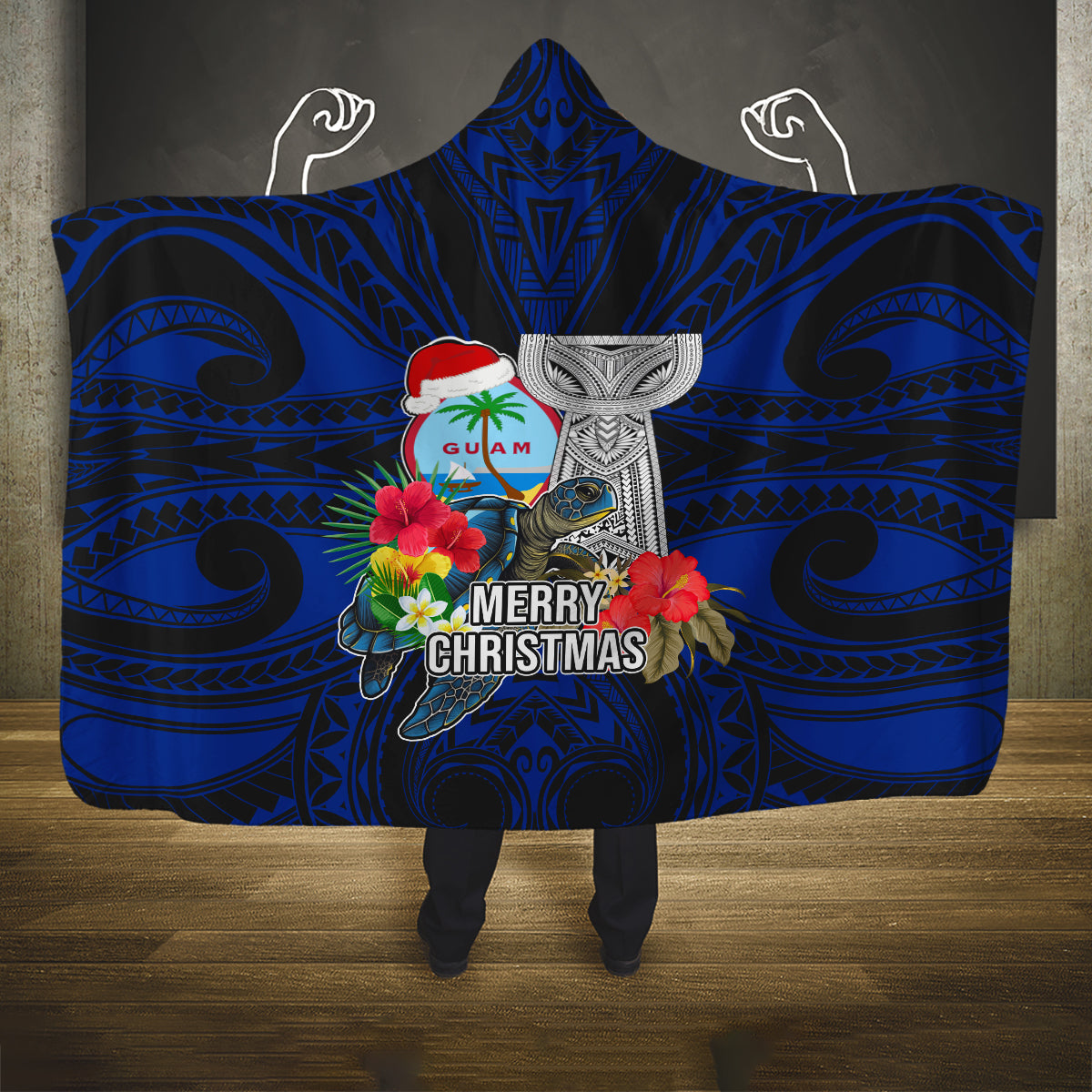 Guam Christmas Hooded Blanket Santa Gift Latte Stone and Sea Turle Mix Hibiscus Chamorro Blue Style LT03 One Size red - Polynesian Pride