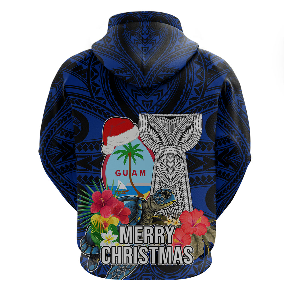 Guam Christmas Hoodie Santa Gift Latte Stone and Sea Turle Mix Hibiscus Chamorro Blue Style LT03 - Polynesian Pride