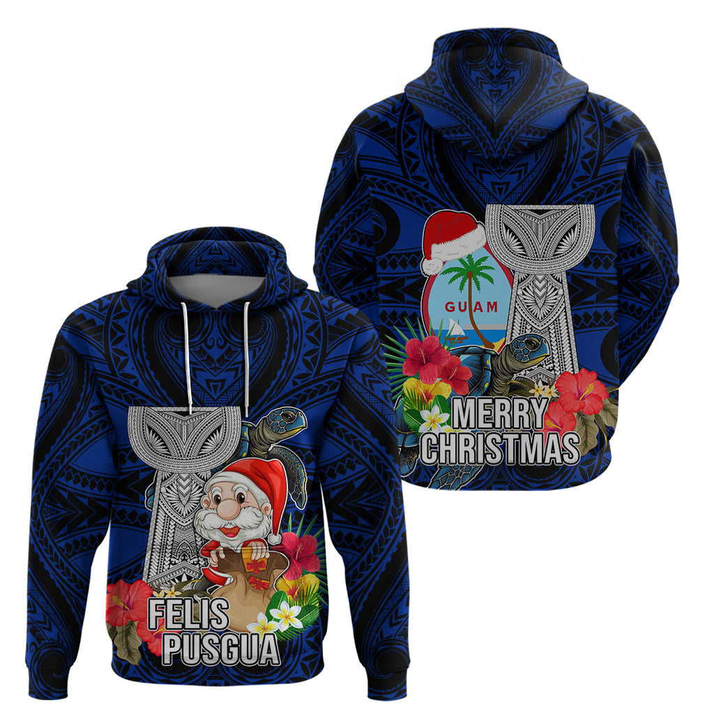 Guam Christmas Hoodie Santa Gift Latte Stone and Sea Turle Mix Hibiscus Chamorro Blue Style LT03 - Polynesian Pride
