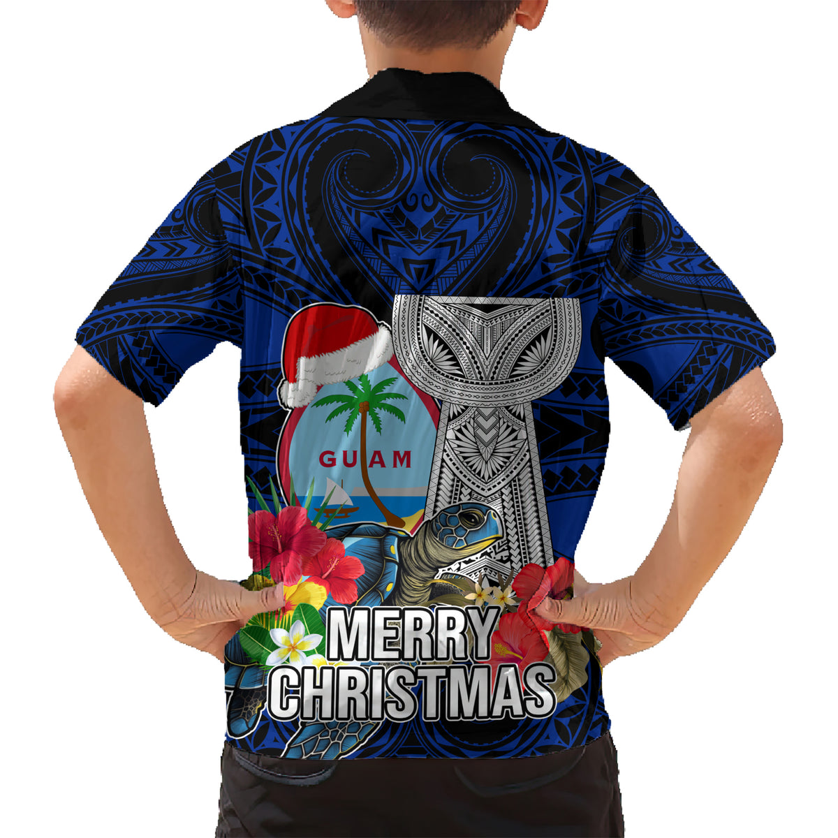 Guam Christmas Kid Hawaiian Shirt Santa Gift Latte Stone and Sea Turle Mix Hibiscus Chamorro Blue Style LT03 - Polynesian Pride