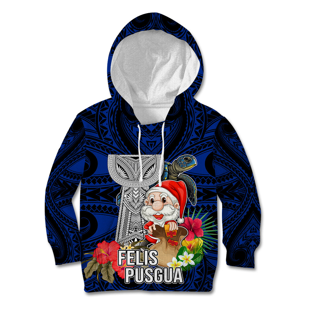 Guam Christmas Kid Hoodie Santa Gift Latte Stone and Sea Turle Mix Hibiscus Chamorro Blue Style LT03 Hoodie Blue - Polynesian Pride