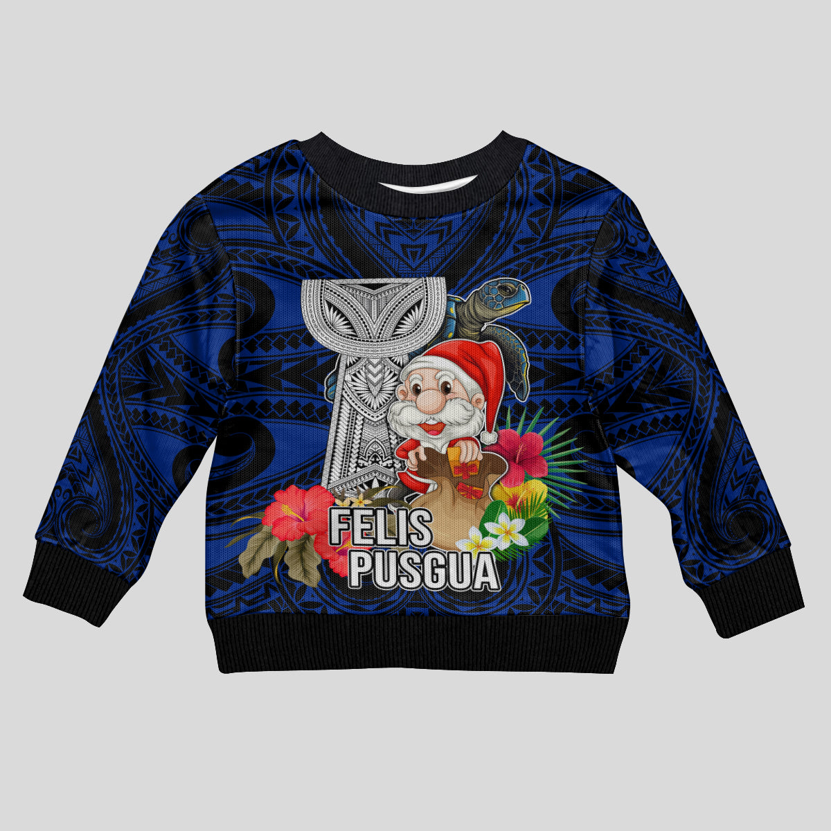 Guam Christmas Kid Ugly Christmas Sweater Santa Gift Latte Stone and Sea Turle Mix Hibiscus Chamorro Blue Style LT03 Kid Blue - Polynesian Pride