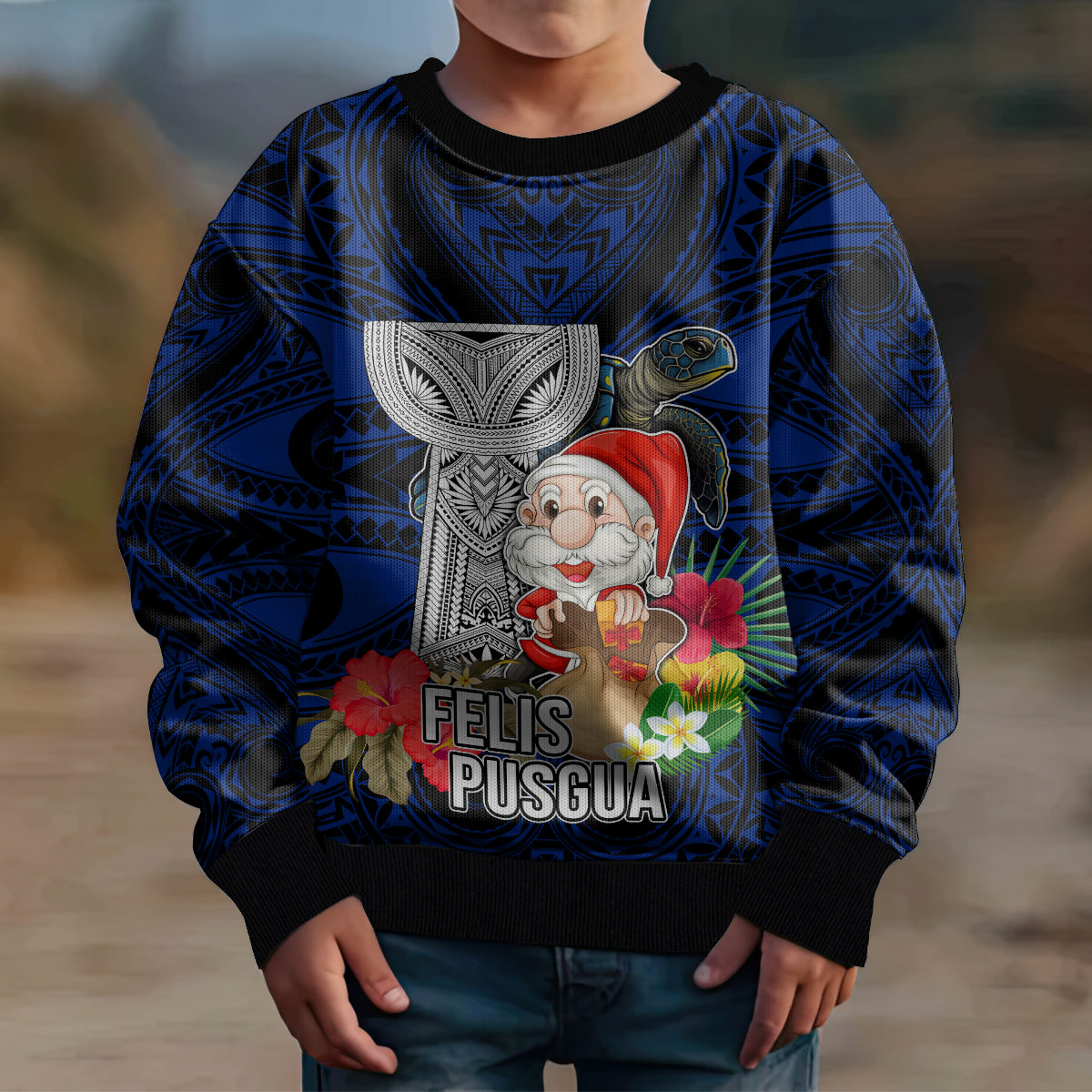 Guam Christmas Kid Ugly Christmas Sweater Santa Gift Latte Stone and Sea Turle Mix Hibiscus Chamorro Blue Style LT03 - Polynesian Pride