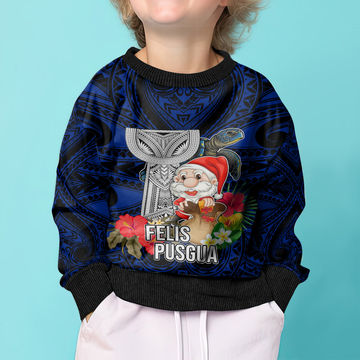 Guam Christmas Kid Ugly Christmas Sweater Santa Gift Latte Stone and Sea Turle Mix Hibiscus Chamorro Blue Style LT03 - Polynesian Pride