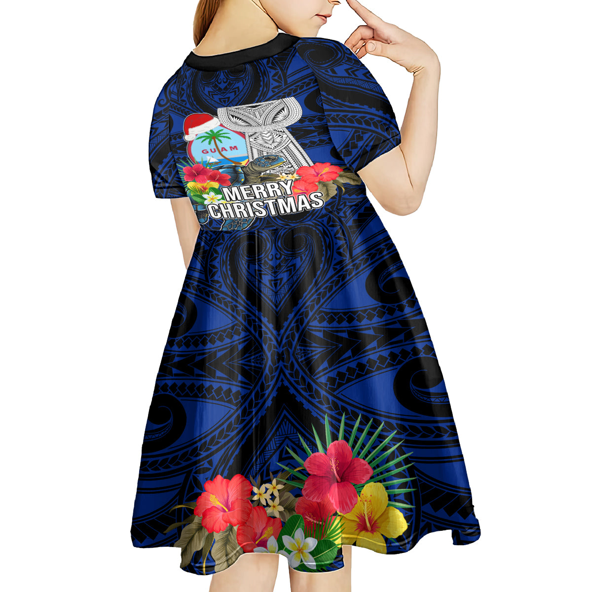 Guam Christmas Kid Short Sleeve Dress Santa Gift Latte Stone and Sea Turle Mix Hibiscus Chamorro Blue Style LT03 - Polynesian Pride