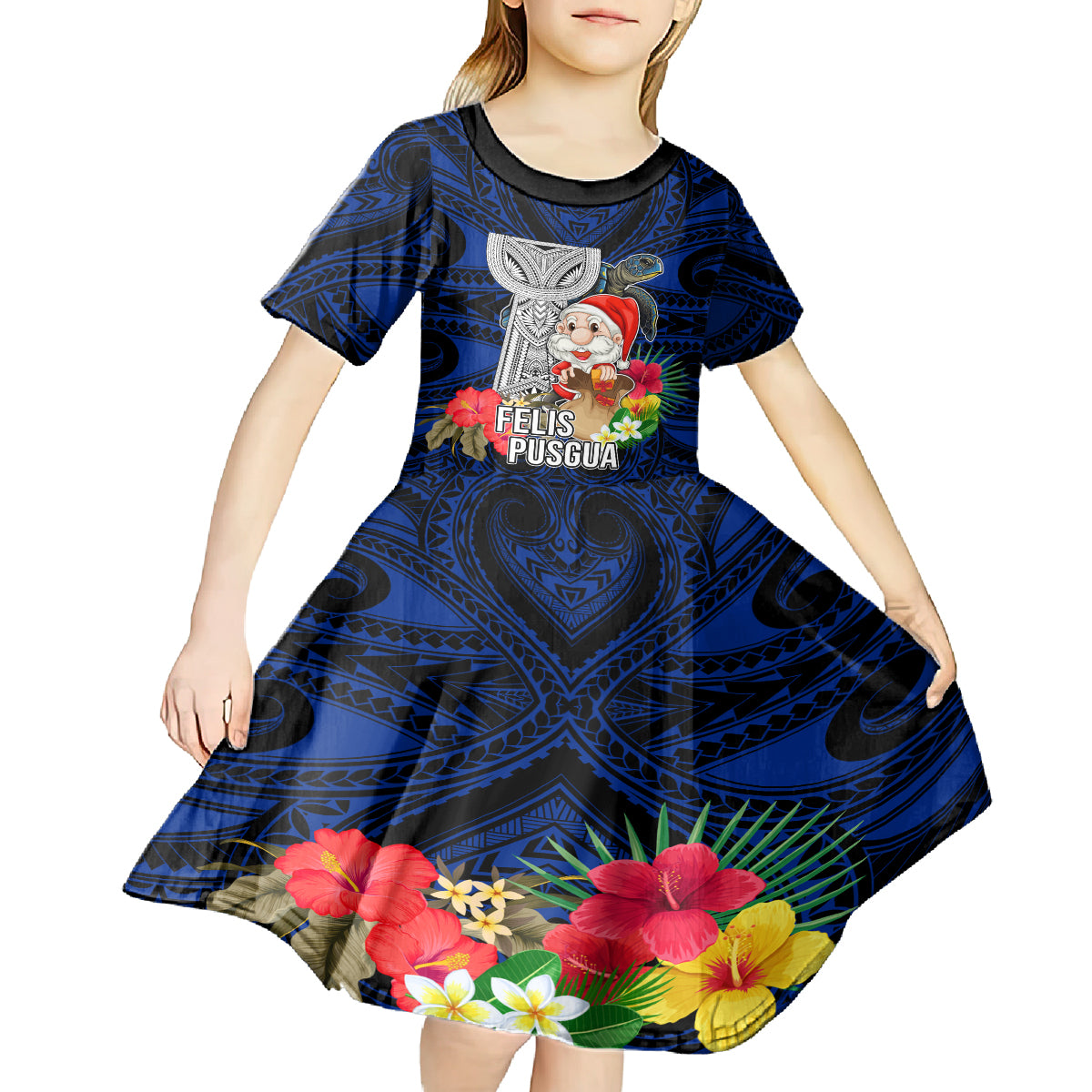 Guam Christmas Kid Short Sleeve Dress Santa Gift Latte Stone and Sea Turle Mix Hibiscus Chamorro Blue Style LT03 - Polynesian Pride